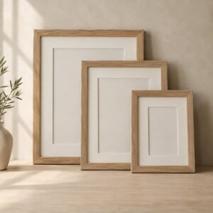 Cadres photo en chêne, lot de trois formats, shown on a plain studio background