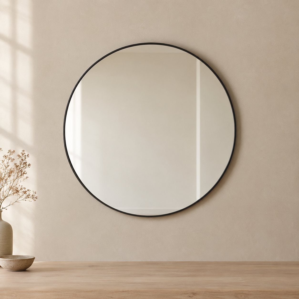 Miroir rond Halo, cadre métal noir, 60 cm, shown on a plain studio background